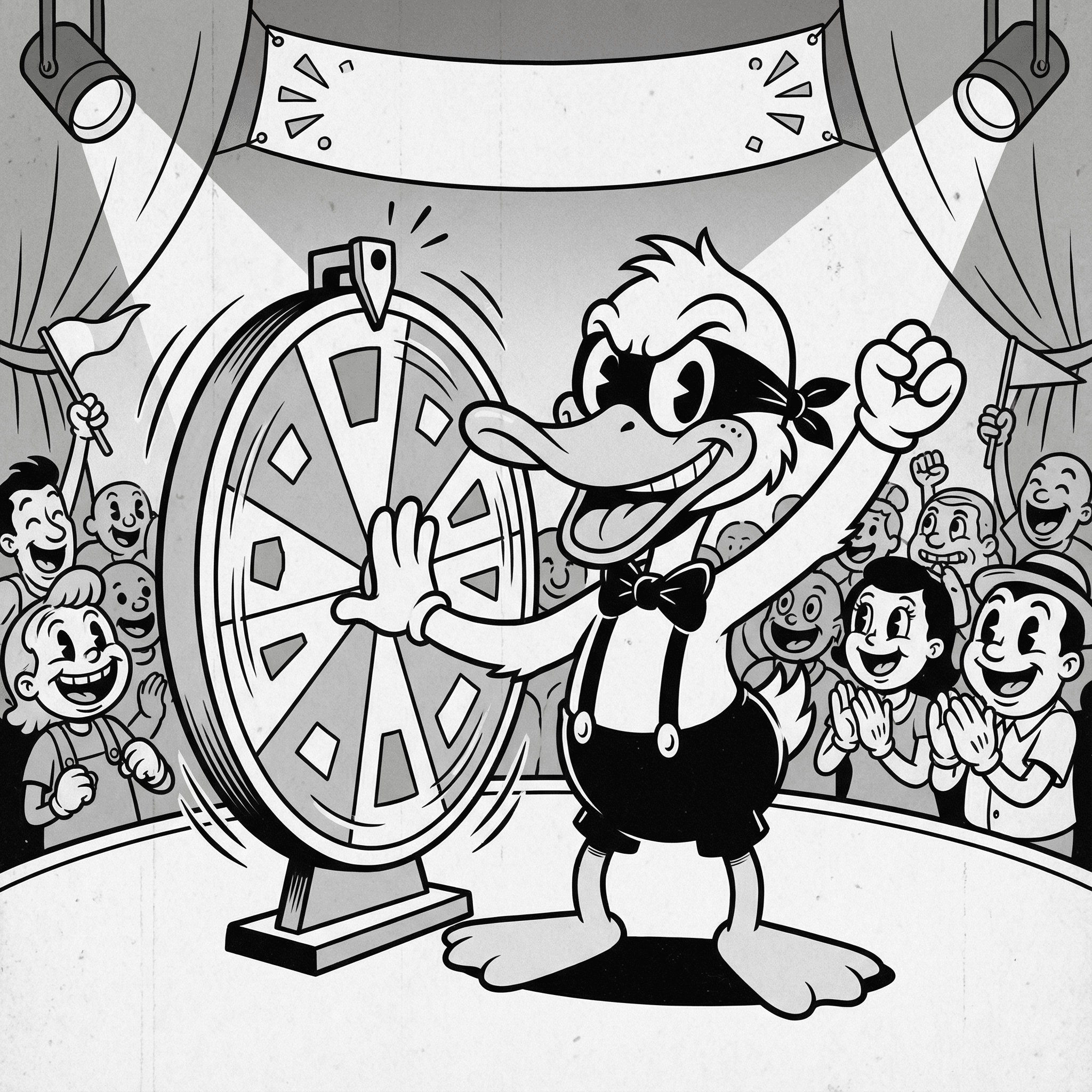 Raffero — Duck mascot spinning a roulette wheel
